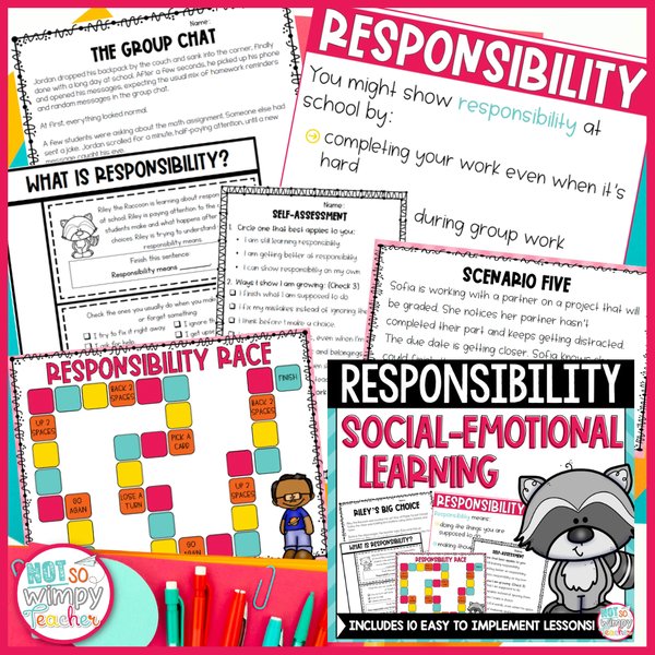 Responsibility Social-Emotional Learning Unit — preview of lessons, scenario cards, and board game
